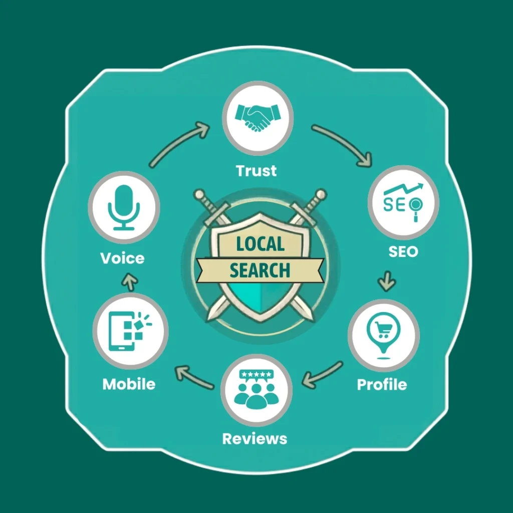 Diagram illustrating modern local search benefits including stronger first impressions, increased trust, increased loyalty, and better mobile and voice search experiences.