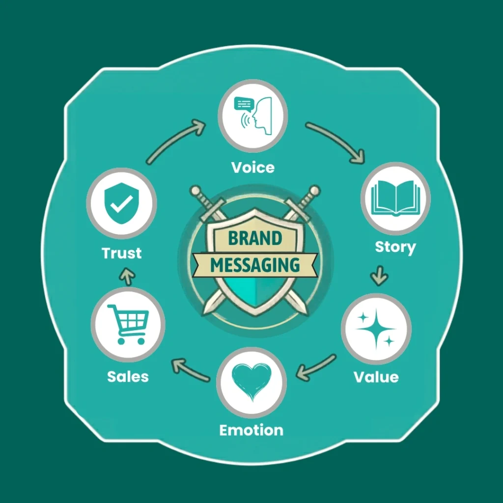 Diagram showing AI brand mentions supported by content, technical SEO, off-page signals, and proof of results.