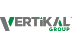 Logo for Vertikal Group featuring gray and green typography with upward-pointing arrow accents.