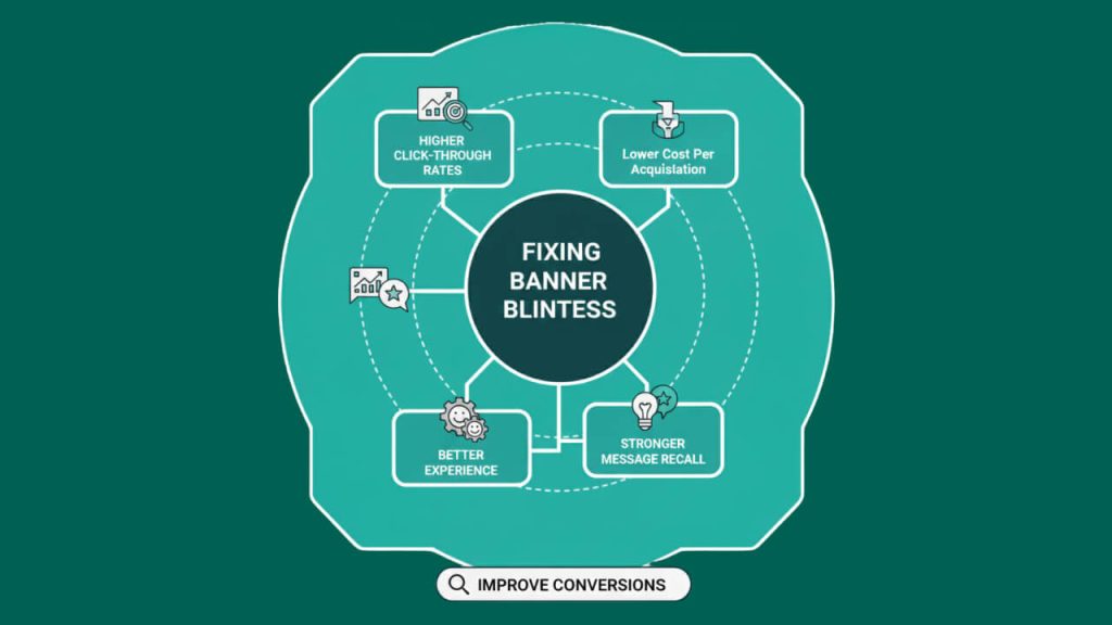 Marketing infographic illustrating “Fixing Banner Blindness” with benefits including higher click-through rates, lower cost per acquisition, better user experience, and stronger message recall.