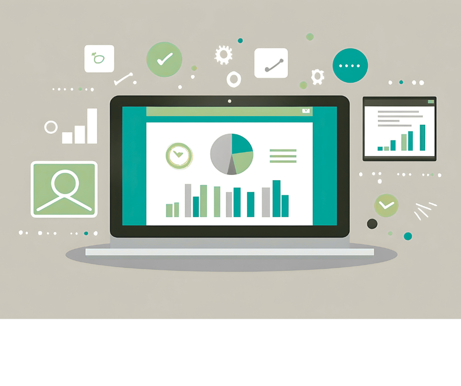 Illustration of a laptop displaying analytics charts and graphs, surrounded by icons representing data analysis, performance tracking, and digital tools.