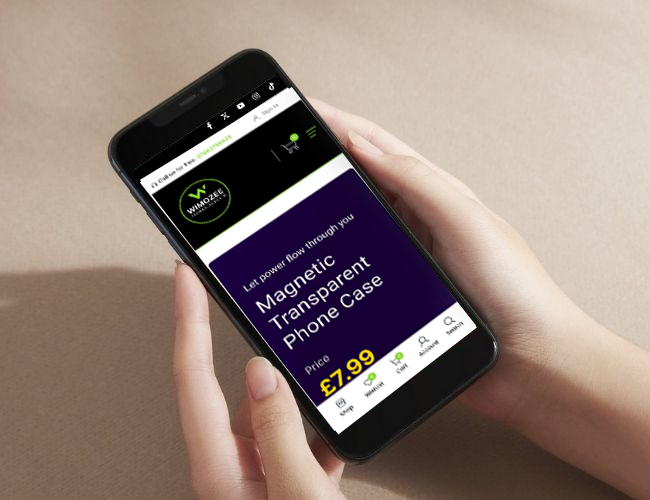 A person holding a smartphone displaying a product page for a "Magnetic Transparent Phone Case" priced at £7.99 on the Wimozee website.