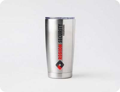 Stainless steel travel tumbler with the Region Security logo.