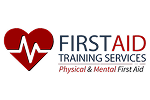 Logo for First Aid Training Services featuring a red heart icon with a white heartbeat lifeline pulse.