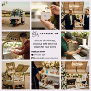 Collage showing an ice cream tuk-tuk serving soft-serve ice cream at a wedding event.