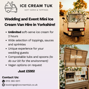 Wedding and event ice cream van hire advert featuring a miniature ice cream tuk-tuk.