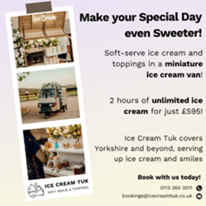 Ice cream van hire promotion showing a miniature ice cream tuk-tuk and event setup.