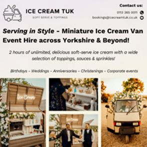 Miniature ice cream van and wooden serving counter from Ice Cream Tuk at an outdoor event.