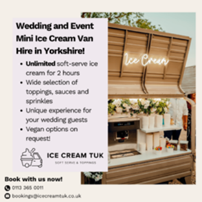 Mini ice cream van with open serving hatch, offering soft-serve ice cream and toppings for weddings and events.