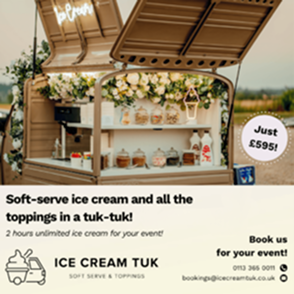 Soft-serve ice cream tuk with open serving hatch, decorated with flowers and stocked with toppings for events.