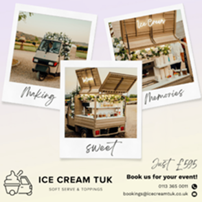 Ice Cream Tuk wedding promotion showing a decorated tuk-tuk with the words “Making sweet memories.”