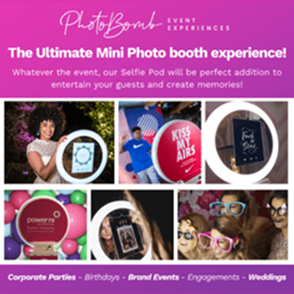 Promotional graphic for Photo Bomb showing selfie mirrors and photo booth props for events.
