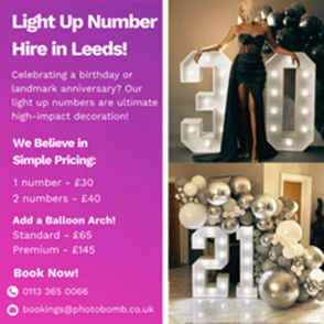 Light-up number hire promotion in Leeds showing illuminated numbers with balloons at an event.