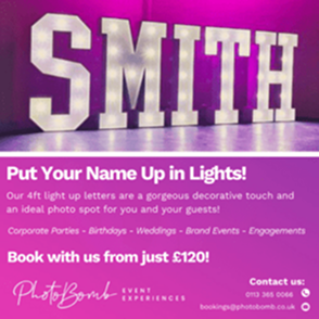Large illuminated 4ft light-up letters spelling “SMITH,” used as decorative lighting for events and celebrations.