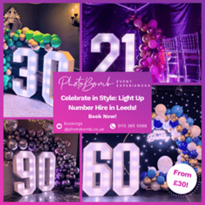 Illuminated light-up numbers with balloon decorations displayed at events for birthdays and milestone celebrations.