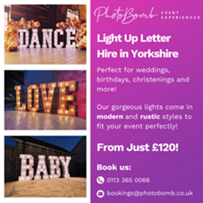 Light-up letters spelling “DANCE,” “LOVE,” and “BABY” displayed as decorative lighting at different events and venues.