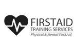 A black and white version of the First Aid Training Services logo with a heart and lifeline icon.