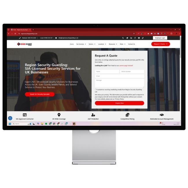A desktop monitor displaying the homepage of Region Security Guarding, featuring a "Request A Quote" form and information about SIA-licensed security services for UK businesses.