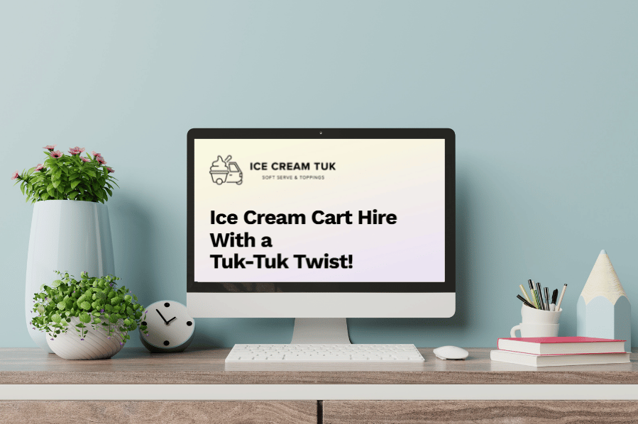 Desktop computer displaying the Ice Cream Tuk website promoting ice cream cart hire with a tuk-tuk.