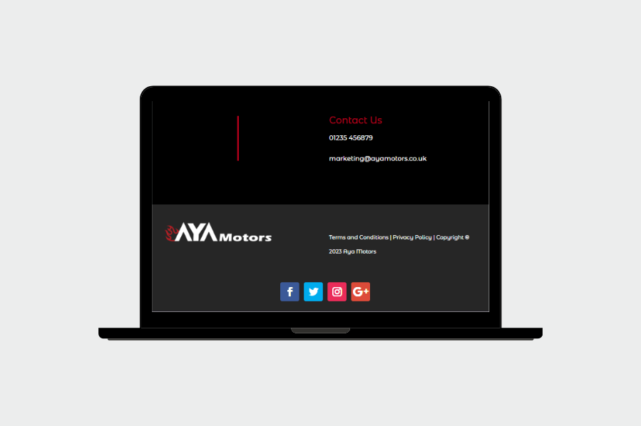 Website footer showing contact details and social media links for AYA Motors.