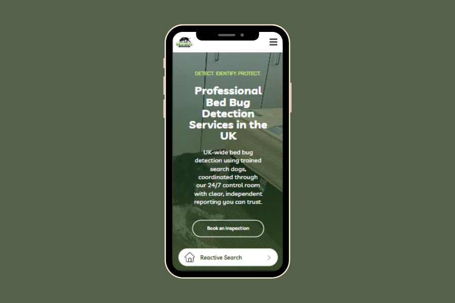 Mobile website showing professional bed bug detection services in the UK