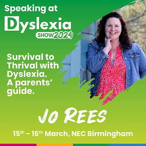 Speaker announcement for Jo Rees at the Dyslexia Show 2024.