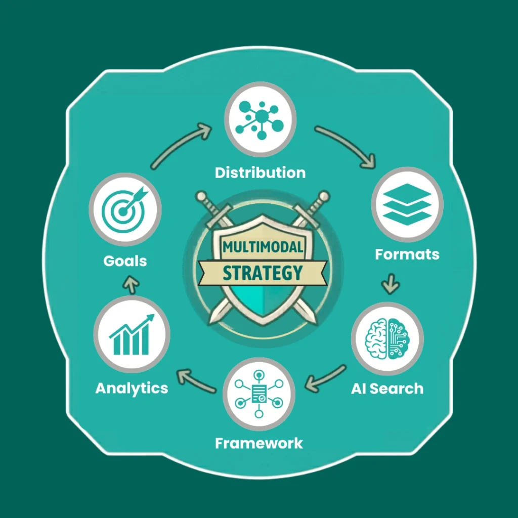 Multimodal content strategy diagram showing text, video, audio, and visual formats