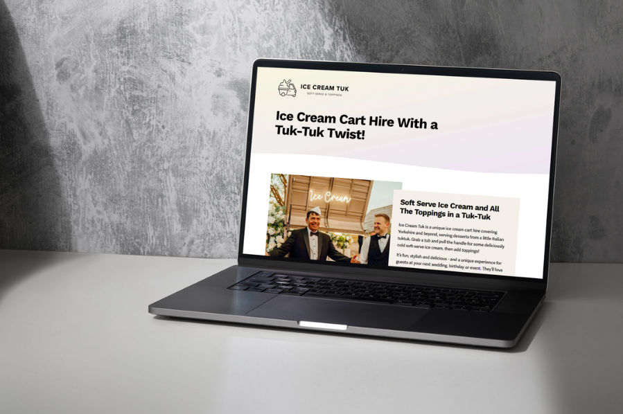 Desktop computer displaying the Ice Cream Tuk website, representing hospitality and leisure industry-focused marketing and website design solutions for catering and food service businesses.