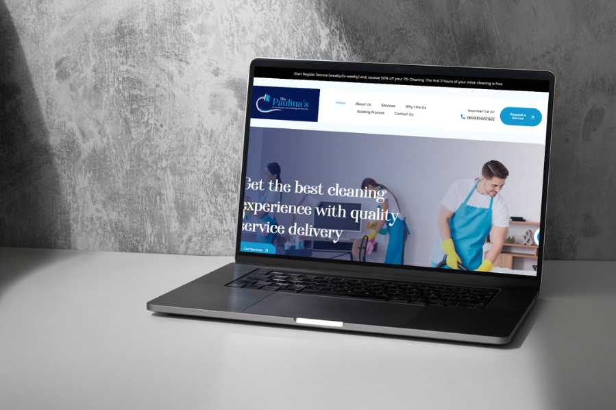 Desktop computer displaying The Paulina’s cleaning services website for professional services marketing in the UK.