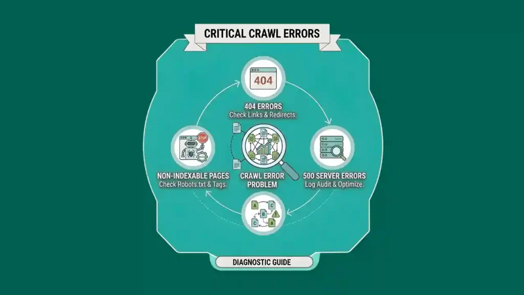 Crawl errors in SEO diagram showing issues affecting indexing and rankings