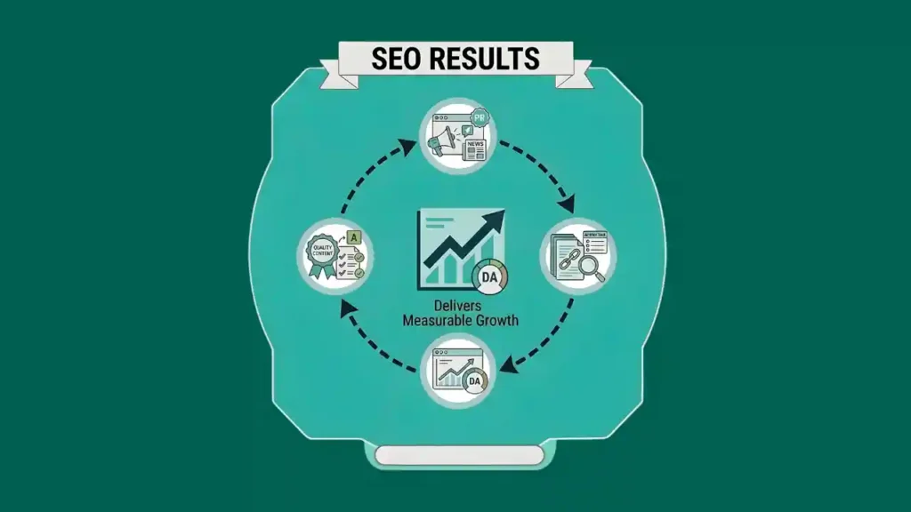 SEO results diagram showing growth, leads, and ranking improvements