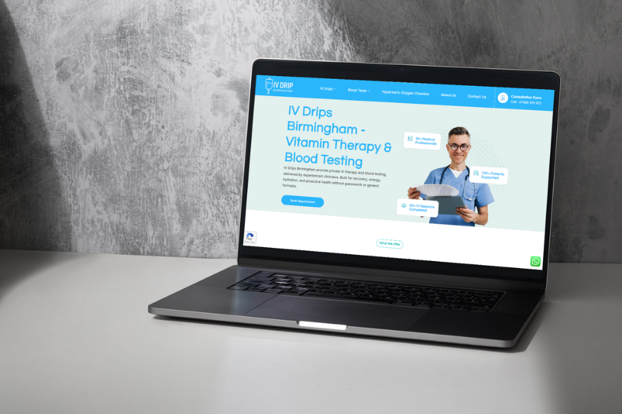 Desktop computer displaying the IV Drip Birmingham website, representing healthcare industry-focused marketing and IV therapy clinic website design solutions.