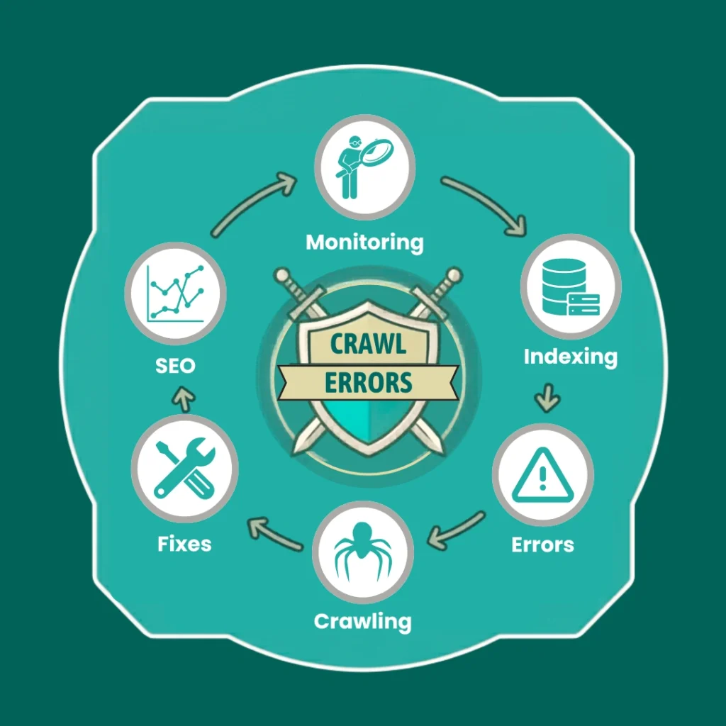 Crawl errors in SEO diagram showing issues affecting indexing and rankings
