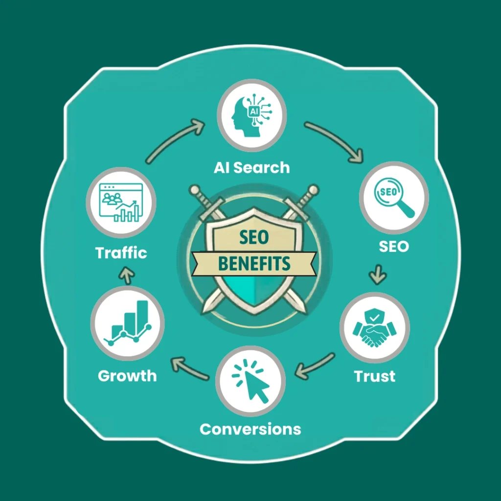 SEO benefits concept with digital marketing background.