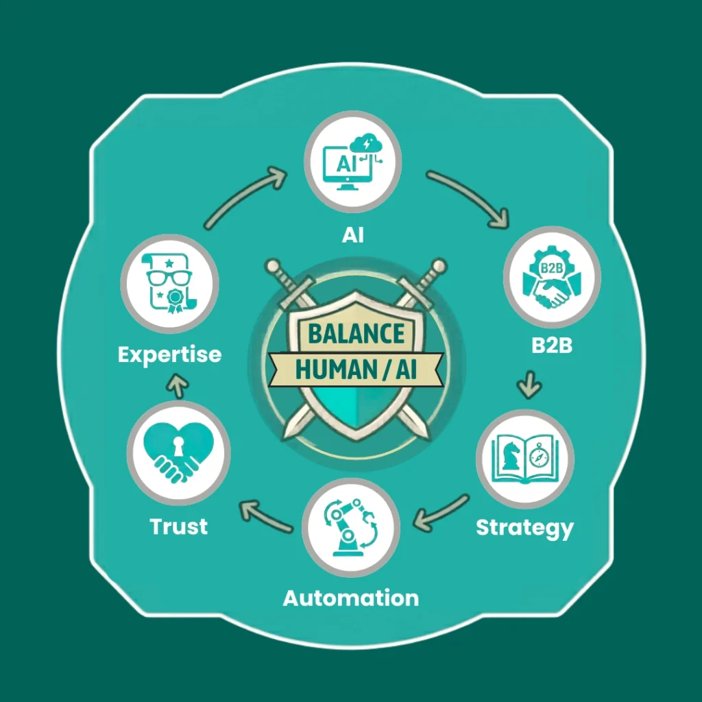 AI in B2B marketing concept with automation and analytics icons.
