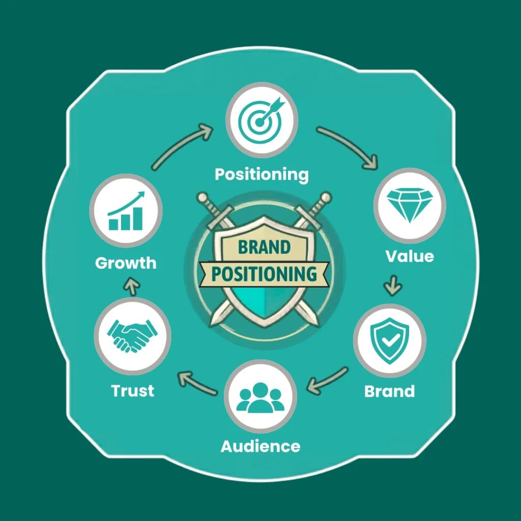 Brand positioning strategies concept with marketing and branding icons.