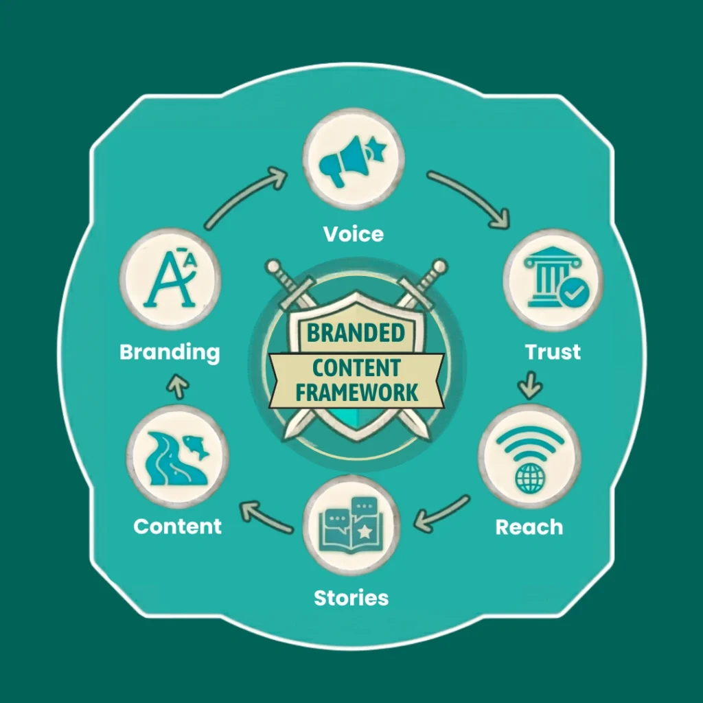 A circular teal infographic illustrating the lifecycle of a Branded Content Strategy, with icons for brand storytelling, audience engagement, content distribution, and loyalty tracking.