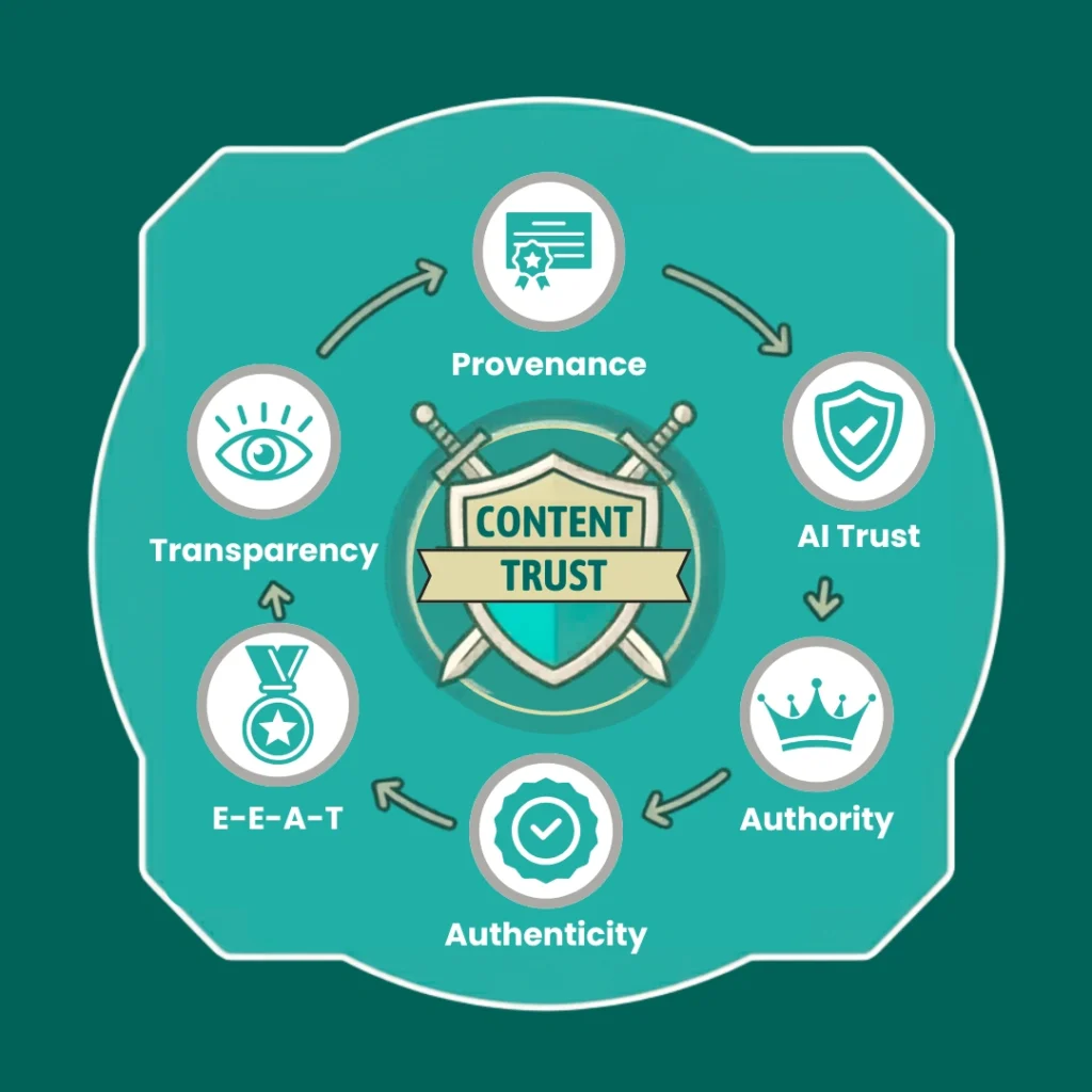 AI content trust and provenance concept with visual representation of identity, authenticity, and digital verification