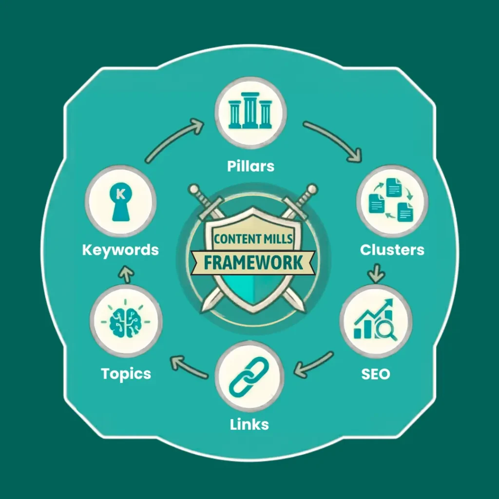 A teal circular infographic detailing the strategy for content pillars, featuring icons for topic selection, cluster content creation, internal linking, and authority building.