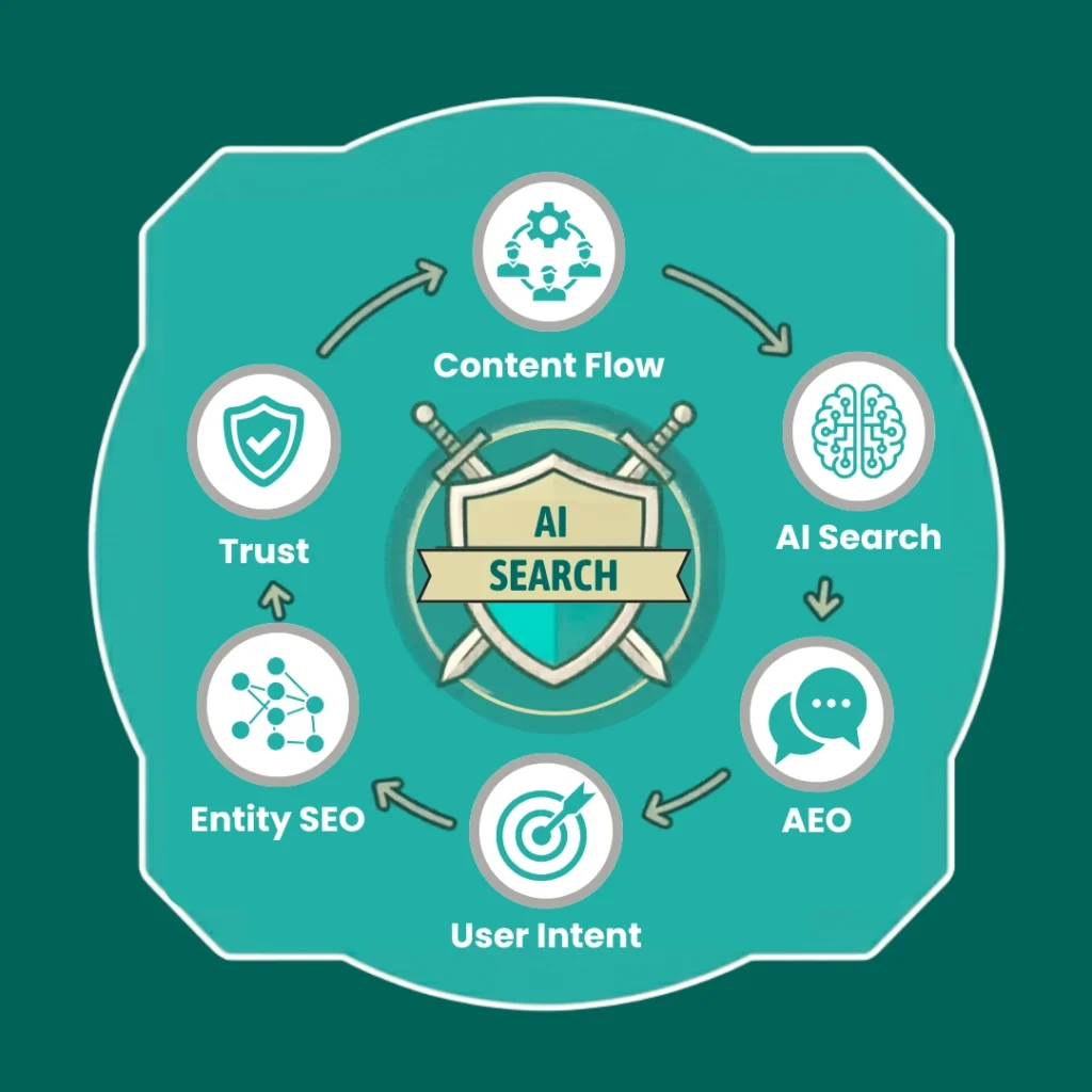 AI workflow diagram with data, automation, and analytics icons.