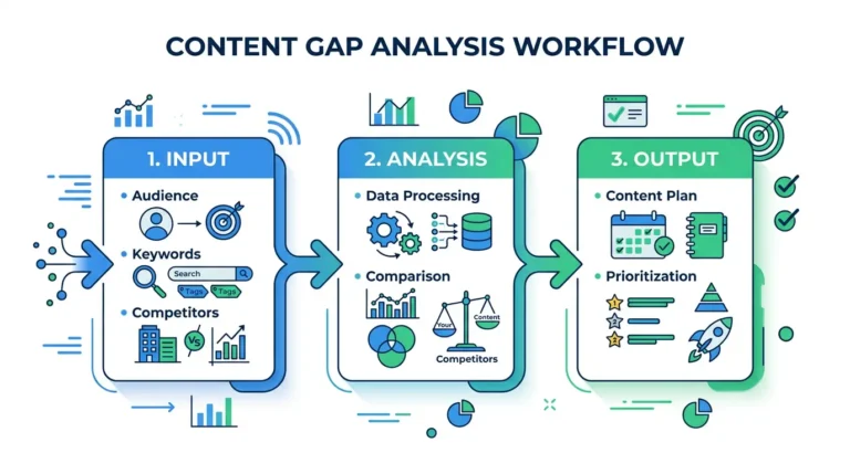 Content gap analysis highlighting missing topics, keyword opportunities, and SEO improvements