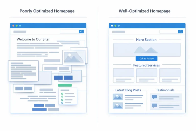 Homepage SEO strategy showing website optimization, keyword rankings, and traffic growth