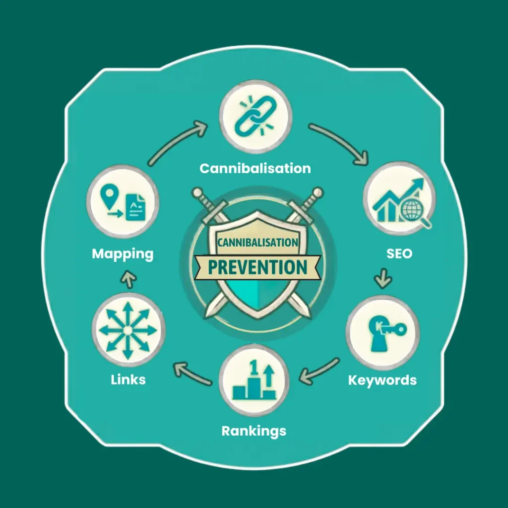 A circular teal infographic illustrating the process of identifying and fixing keyword cannibalization, featuring icons for content audits, page consolidation, and internal linking.