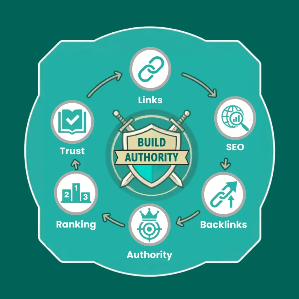 A circular infographic detailing the stages of link building in SEO, featuring icons for link prospecting, outreach, content creation, and authority monitoring.