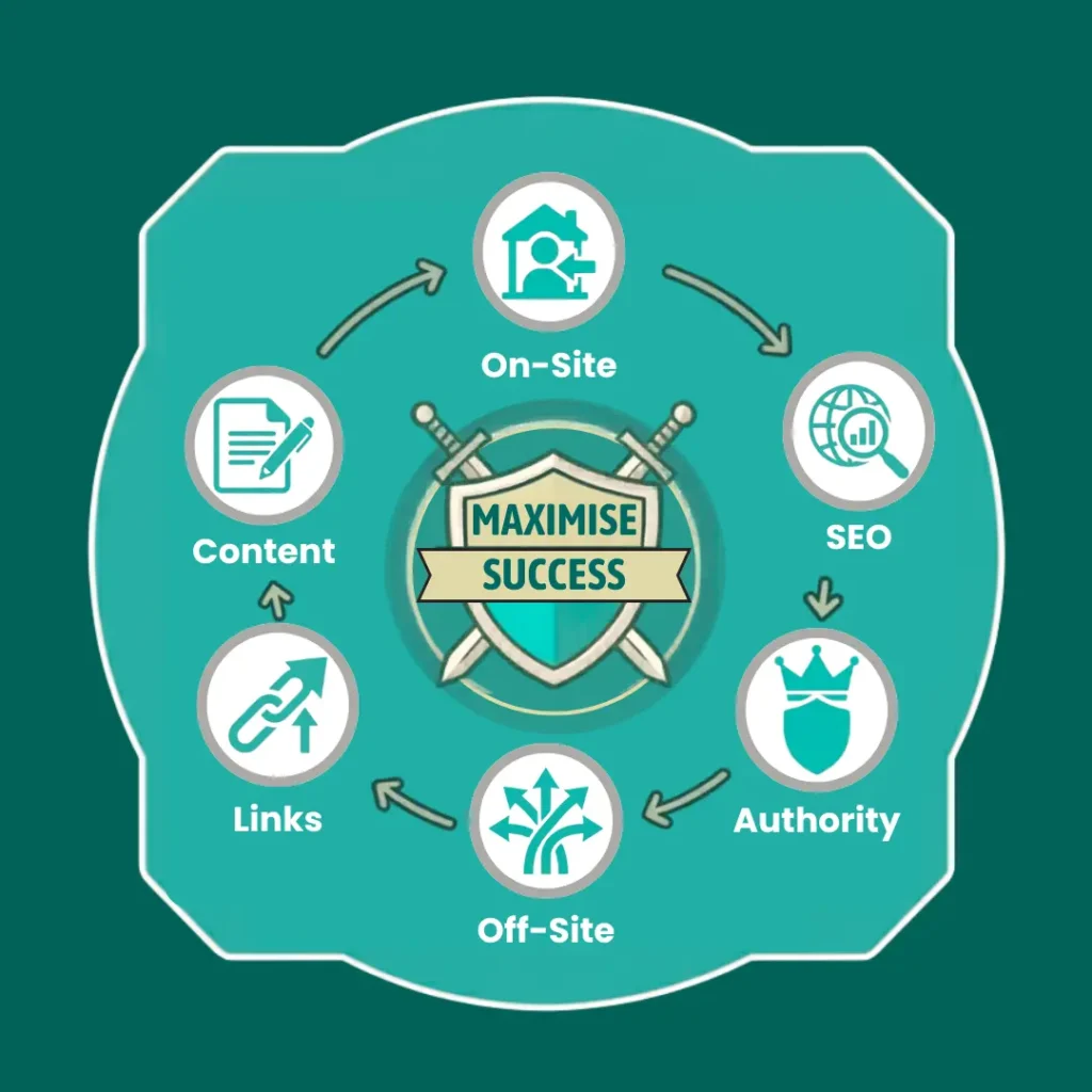 A teal infographic comparing On-Site SEO vs Off-Site SEO, showing a circular workflow of internal website optimizations and external authority-building tactics.