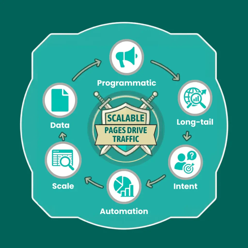 Scalable programmatic SEO strategy infographic showing automated content creation and ranking workflow.