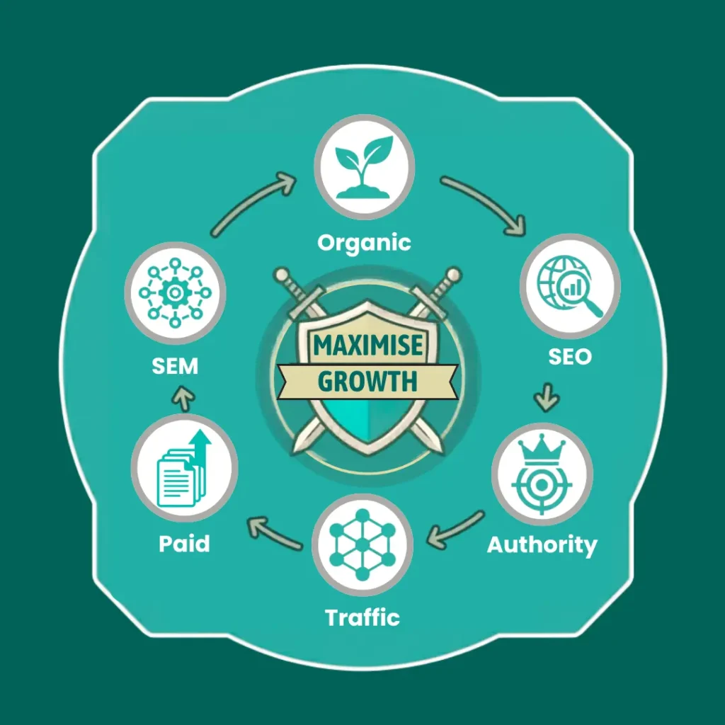 SEO vs SEM infographic comparing organic search optimization and paid search marketing strategies.