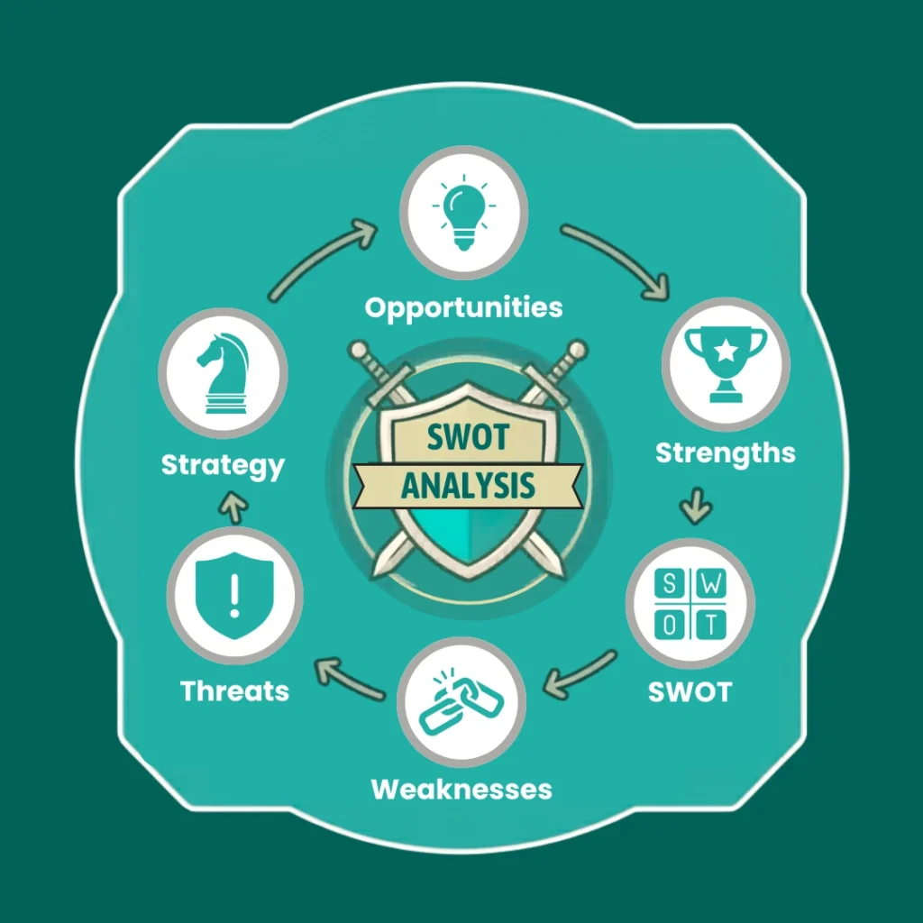 SWOT analysis concept with abstract business background.