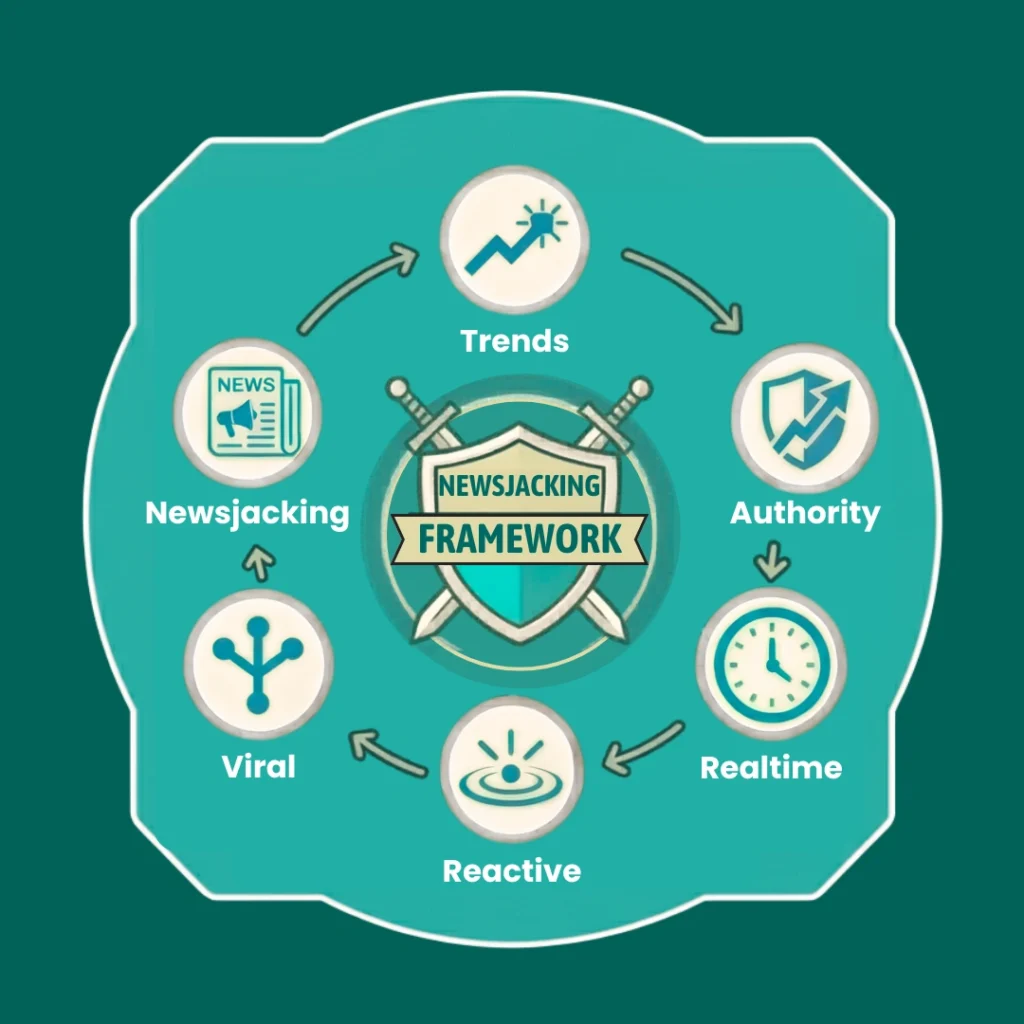 A circular teal infographic illustrating the newsjacking marketing process, showing icons for trend monitoring, rapid content creation, and real-time social engagement.