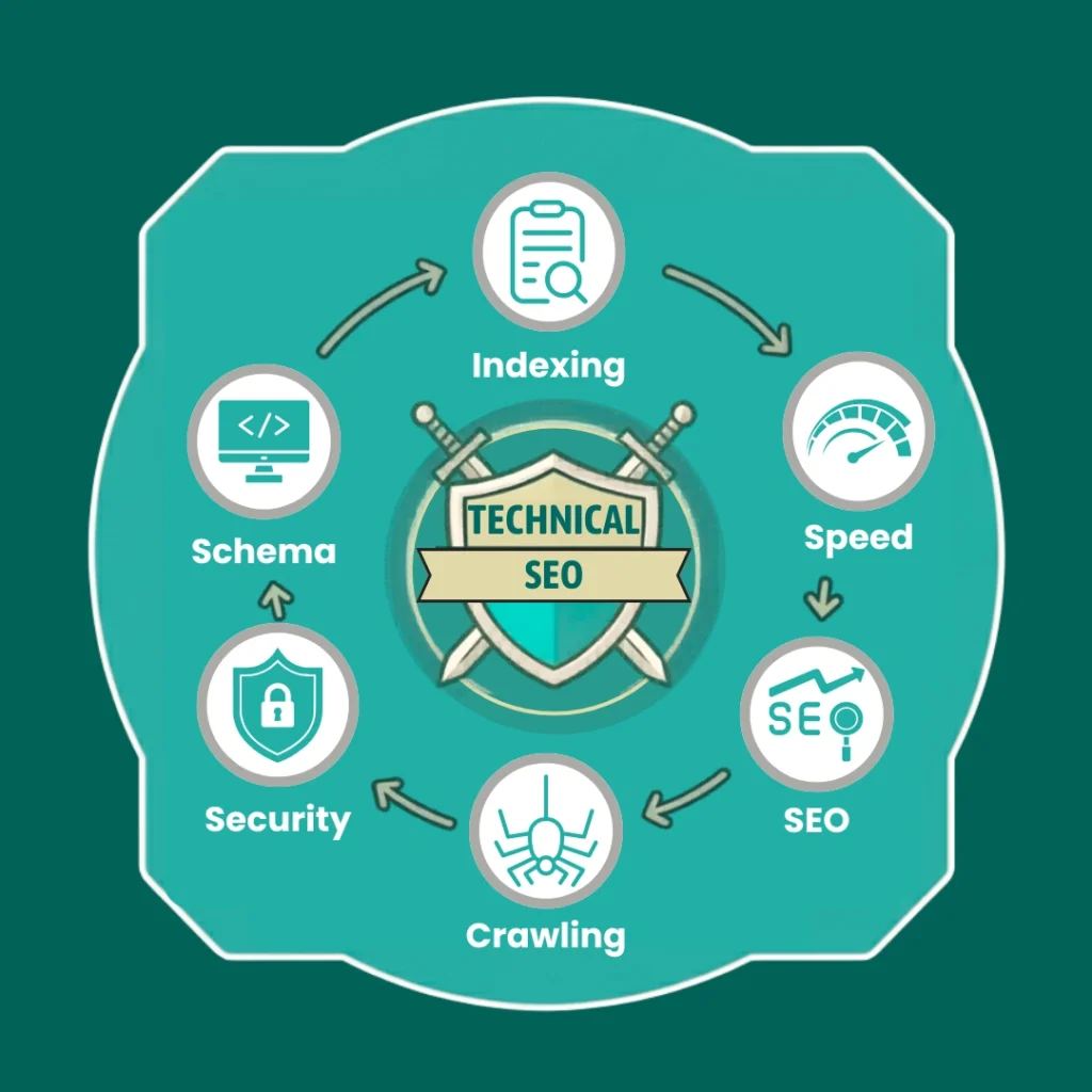 Technical SEO checklist concept with structured web elements.